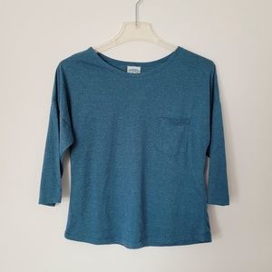 Y2K  Happy T Shirt Heathered Teal Blue Pocket Tee Scoop Neck 3/4 Sleeve // Small